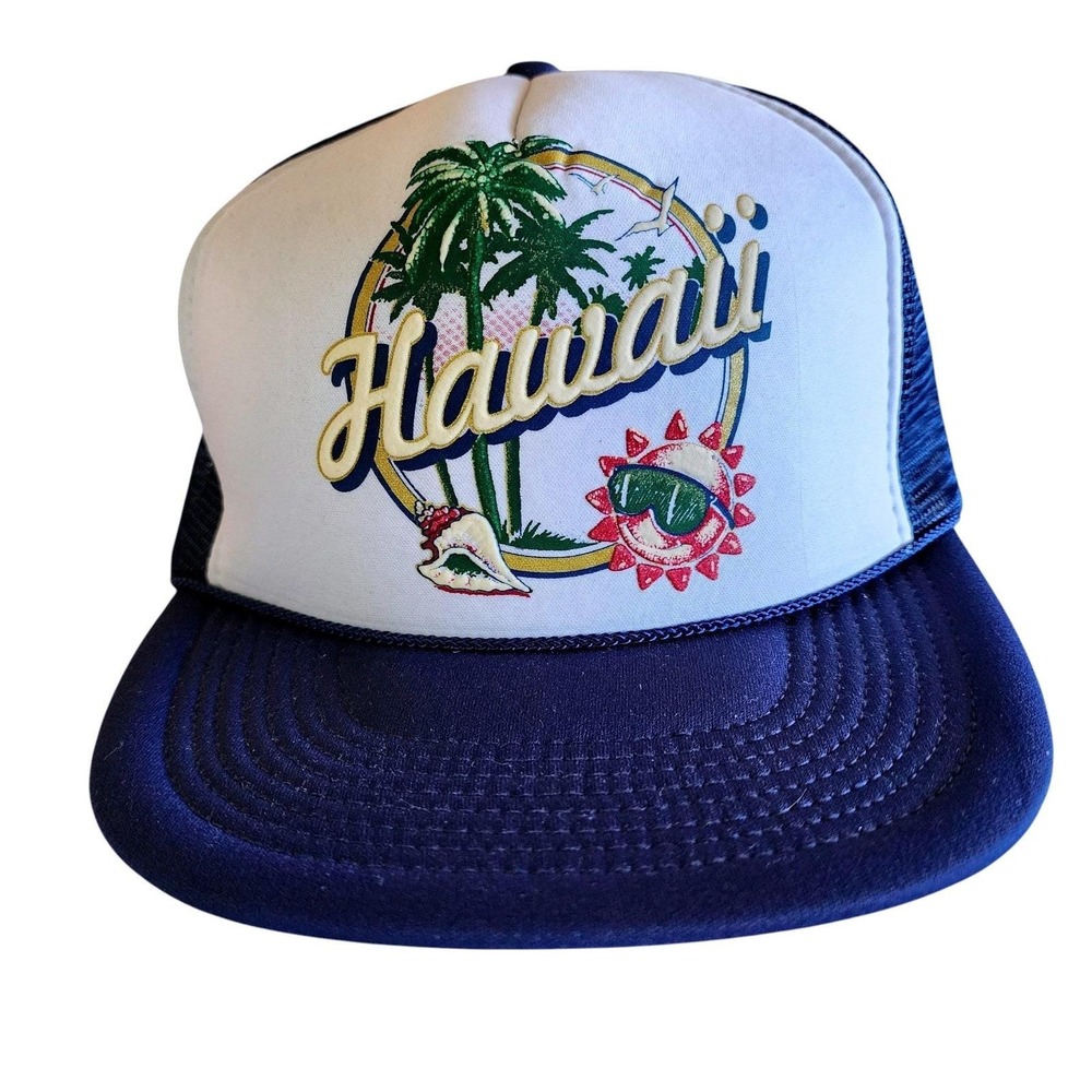 Vintage Hawaii Trucker Snapback Hat 80s 90s Palm Tree Nissin Cap Navy Blue White